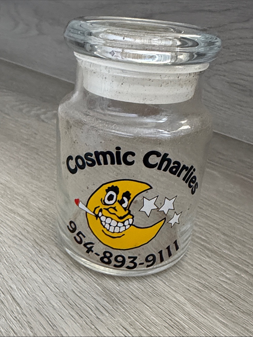 Cosmic Charlies Clear Glass AirTight Jar Container Yellow Moon Black Text